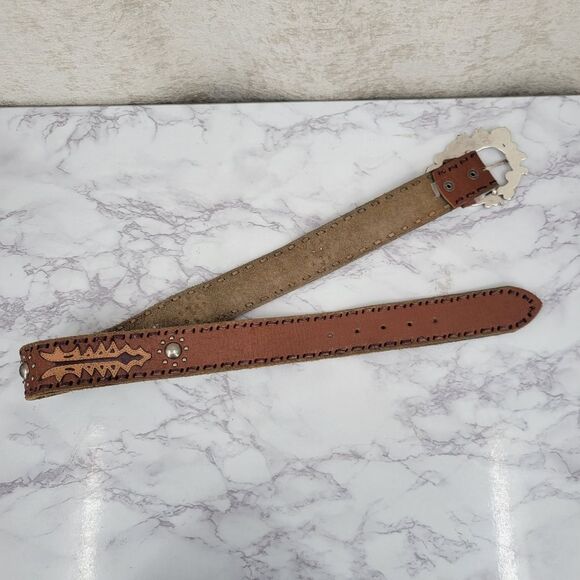 Enmon Vintage Brown Leather Belt with Silver Toned Oversized Horse Head Buckle - Picture 9 of 12